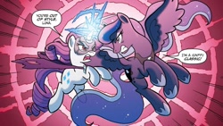 Size: 1334x750 | Tagged: safe, artist:tonyfleecs, derpibooru import, idw, princess luna, rarity, alicorn, pony, unicorn, ponies of dark water, spoiler:comic, cape, clothes, crossed horns, dialogue, doctor doomity, duo, female, fight, horn, horns are touching, mare, mask, red eyes