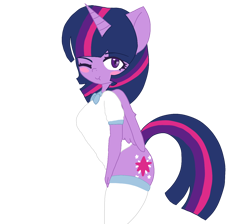 Size: 1294x1161 | Tagged: safe, alternate version, derpibooru import, twilight sparkle, twilight sparkle (alicorn), alicorn, anthro, blushing, clothes, female, no source available, one eye closed, school uniform, schoolgirl, side view, simple background, solo, thigh socks, transparent background, wing fluff, wings, wink