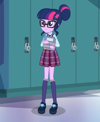 Size: 1911x2314 | Tagged: safe, derpibooru import, edit, edited screencap, screencap, sci-twi, twilight sparkle, equestria girls, friendship games, book, clothes, composite screencap, crystal prep academy uniform, female, glasses, hair bun, lockers, school uniform, skirt, socks, solo, standing