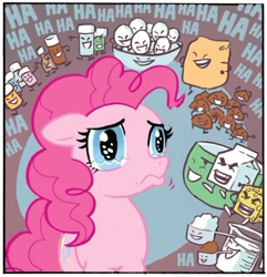 Size: 750x779 | Tagged: safe, artist:carla speed mcneil, derpibooru import, idw, pinkie pie, earth pony, pony, friends forever, spoiler:comic, bowl, cheese, egg, female, flour sack, food, laughing, mare, measuring cup, milk carton, mixing bowl, panic, sad, solo, teary eyes