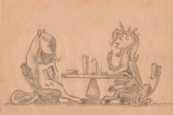 Size: 1000x662 | Tagged: safe, artist:adeptus-monitus, derpibooru import, fluttershy, trixie, alicorn, pegasus, pony, alicornified, drink, drinking, eyes closed, monochrome, race swap, talking, traditional art, trixiecorn