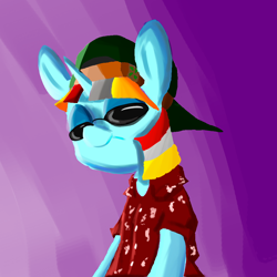 Size: 1000x1000 | Tagged: safe, artist:anonymous, derpibooru import, oc, oc:terri softmare, unicorn, cap, clothes, hat, simple background, sunglasses, terry davis