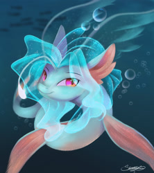 Size: 1024x1155 | Tagged: safe, artist:sketchiix3, derpibooru import, oc, oc only, fish, hybrid, merpony, sea pony, seapony (g4), blue background, blue mane, bubble, clothes, cute, digital art, female, fin wings, fins, fish tail, glowing, looking at you, mare, ocean, pink eyes, see-through, signature, simple background, smiling, smiling at you, solo, swimming, tail, underwater, water, wings