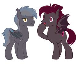 Size: 1200x1000 | Tagged: safe, artist:bjsampson, derpibooru import, oc, oc only, oc:watchful eye, oc:winter sky, bat pony, bat pony oc, covering mouth, duo, frown, looking at you, male, simple background, smiling, transparent background