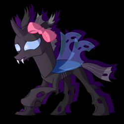 Size: 3000x3000 | Tagged: safe, artist:bjsampson, derpibooru import, oc, oc only, oc:base, changeling, nymph, black background, bow, changeling oc, fangs, female, nervous, raised hoof, raised leg, scared, simple background, solo