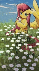 Size: 817x1497 | Tagged: safe, artist:lendftcn, derpibooru import, angel bunny, fluttershy, pegasus, pony, rabbit, animal, duo, ears, female, field, film grain, floppy ears, flower field, holding a rabbit, mare, smiling