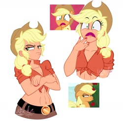 Size: 1584x1556 | Tagged: safe, artist:lazy-ale, derpibooru import, applejack, earth pony, human, pony, applejack's hat, belly button, belt, breasts, cleavage, clothes, cowboy hat, crossed arms, faic, front knot midriff, grumpy, hat, humanized, midriff, muscles, nail polish, open mouth, scene interpretation, screencap reference, shirt, shocked, simple background, white background, wide eyes