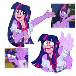 Size: 1516x1516 | Tagged: safe, artist:lazy-ale, derpibooru import, twilight sparkle, twilight sparkle (alicorn), alicorn, human, pony, a trivial pursuit, angry, faic, happy, humanized, open mouth, open smile, scene interpretation, screencap reference, shrunken pupils, simple background, smiling, white background