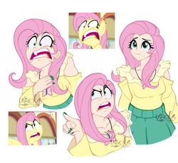 Size: 1555x1424 | Tagged: safe, artist:lazy-ale, derpibooru import, fluttershy, human, pegasus, pony, buckball season, angry, faic, humanized, open mouth, pointing, scene interpretation, screencap reference, simple background, smiling, white background, yelling