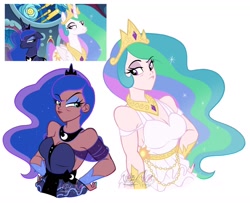 Size: 1798x1463 | Tagged: safe, artist:lazy-ale, derpibooru import, princess celestia, princess luna, alicorn, human, a royal problem, bare shoulders, breasts, cleavage, clothes, crown, dress, eyeshadow, grumpy, hand on hip, height difference, humanized, jewelry, lipstick, makeup, peytral, pouting, princess balloona, princess breastia, regalia, royal sisters, scene interpretation, screencap reference, siblings, sideboob, simple background, sisters, white background