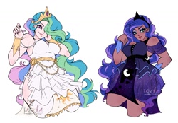 Size: 1471x1025 | Tagged: safe, artist:lazy-ale, derpibooru import, princess celestia, princess luna, human, bracelet, breasts, clothes, crown, dress, ethereal mane, eyeshadow, hair over one eye, humanized, jewelry, lipstick, makeup, nail polish, peytral, princess balloona, princess breastia, regalia, royal sisters, siblings, simple background, sisters, white background