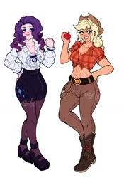 Size: 1268x1809 | Tagged: safe, artist:lazy-ale, derpibooru import, applejack, rarity, human, abs, apple, applerack, belly button, belt, belt buckle, boots, breasts, clothes, cowboy boots, cowboy hat, cravat, cutie mark on clothes, denim, eyeshadow, flannel shirt, food, frilly, front knot midriff, hand on hip, hat, humanized, jeans, makeup, midriff, nail polish, pants, pencil skirt, platform shoes, raritits, shirt, shoes, simple background, skirt, stockings, tanned, thigh highs, white background