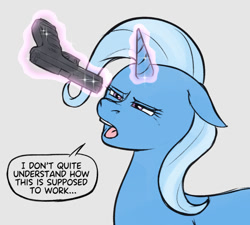 Size: 900x810 | Tagged: safe, artist:a0iisa, trixie, pony, unicorn, g4, /mlp/, 4chan, colored, confused, dark comedy, ears, female, flat colors, floppy ears, glock, glock 17, glowing, glowing horn, gray background, gun, handgun, horn, levitation, looking at something, magic, magic aura, mare, open mouth, pistol, pointing gun, simple background, solo, squint, squinted eyes, t:em/p/o, talking, telekinesis, text, this will end in death, this will not end well, too dumb to live, weapon