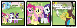 Size: 720x261 | Tagged: safe, edit, edited screencap, screencap, discord, fluttershy, pinkie pie, rainbow dash, rarity, spike, twilight sparkle, earth pony, pegasus, unicorn, keep calm and flutter on, a softer world, comic, elements of harmony, female, mare, screencap comic, sweet apple acres