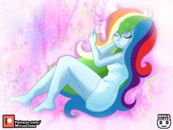 Size: 3325x2500 | Tagged: safe, artist:minusclass, derpibooru import, rainbow dash, human, equestria girls, barefoot, clothes, dress, eyes closed, feet, high res, long hair, pillow, rainbow dash always dresses in style, sexy, sleeping, solo, stupid sexy rainbow dash