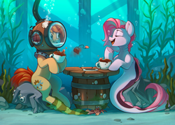 Size: 1964x1403 | Tagged: safe, artist:rexyseven, derpibooru import, oc, oc only, oc:koraru koi, oc:rusty gears, crab, earth pony, fish, hybrid, merpony, pony, seapony (g4), barrel, bubble, clothes, cup, cute, digital art, diving helmet, dorsal fin, eyes closed, female, fish tail, gills, helmet, looking at each other, looking at someone, mare, ocbetes, ocean, open mouth, open smile, pink mane, red mane, rock, seaweed, smiling, smiling at each other, socks, striped socks, tail, tea, tea party, teabag, teacup, teeth, underwater, water