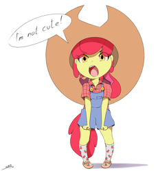 Size: 2800x3000 | Tagged: safe, artist:skitsroom, derpibooru import, apple bloom, human, equestria girls, adorabloom, blatant lies, clothes, cowboy hat, cute, dialogue, hat, high res, humanized, i'm not cute, open mouth, oversized hat, sandals, signature, simple background, socks, socks with sandals, solo, speech bubble, stetson, tail, tailed humanization, weapons-grade cute, white background
