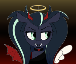 Size: 2810x2342 | Tagged: safe, artist:arume_lux, derpibooru import, oc, oc only, oc:arkessa, pony, alternate hairstyle, choker, devil horns, fangs, halo, horns, pigtails, solo