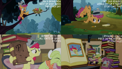 Size: 4400x2475 | Tagged: safe, derpibooru import, edit, edited screencap, editor:quoterific, screencap, apple bloom, granny smith, scootaloo, earth pony, pegasus, pony, ponyville confidential, bird nest, book, bookshelf, nest