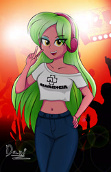 Size: 1464x2265 | Tagged: safe, artist:danielitamlp, derpibooru import, lemon zest, human, equestria girls, friendship games, bare shoulders, belly button, casual, clothes, concert, crowd, female, hand on hip, headphones, looking at you, midriff, off shoulder, open mouth, pants, peace sign, rammstein, shirt, solo focus