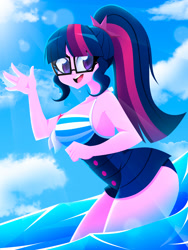 Size: 1500x2000 | Tagged: safe, artist:xan-gelx, derpibooru import, sci-twi, twilight sparkle, human, equestria girls, bare shoulders, breasts, busty sci-twi, clothes, glasses, looking at you, one-piece swimsuit, open mouth, sci-twi swimsuit, sleeveless, solo, swimsuit