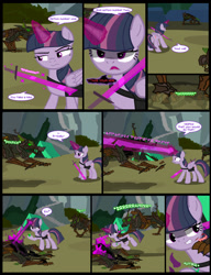 Size: 1042x1358 | Tagged: safe, artist:dendoctor, derpibooru import, mean twilight sparkle, twilight sparkle, twilight sparkle (alicorn), alicorn, pony, timber wolf, comic:clone.., g4, alternate universe, bag, clone, comic, energy blast, energy sword, everfree forest, female, glowing, glowing horn, horn, magic, mare, saddle bag, scratches, sword, tent, weapon