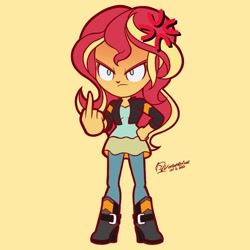 Size: 2250x2250 | Tagged: safe, artist:theratedrshimmer, derpibooru import, sunset shimmer, human, equestria girls, angry, annoyed, chibi, cross-popping veins, emanata, female, frown, fuck you, hand on hip, high res, middle finger, signature, simple background, solo, vulgar, yellow background