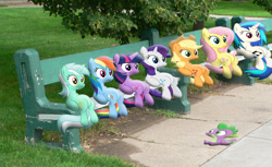 Size: 1024x627 | Tagged: safe, artist:willyvwj, derpibooru import, applejack, dj pon-3, fluttershy, lyra heartstrings, rainbow dash, rarity, spike, twilight sparkle, vinyl scratch, dragon, pony, bench, irl, photo, ponies in real life, sitting, sitting lyra