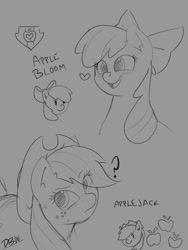 Size: 768x1024 | Tagged: safe, artist:dbw, derpibooru import, apple bloom, applejack, earth pony, pony, adorabloom, apple sisters, blushing, cute, female, filly, foal, heart, mare, open mouth, question mark, siblings, sisters, sketch