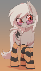 Size: 497x860 | Tagged: safe, artist:thebatfang, derpibooru import, oc, oc only, oc:aurora blossom, bat pony, pony, bat pony oc, clothes, fangs, female, gradient background, looking at you, mare, smiling, smiling at you, socks, solo, striped socks