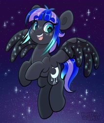 Size: 3406x4000 | Tagged: safe, artist:partylikeanartist, derpibooru import, oc, oc only, pegasus, pony, eyebrows, eyebrows visible through hair, female, flying, mare, night, open mouth, open smile, smiling, solo, starry wings, stars, traditional art, wings