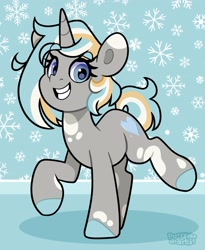 Size: 3226x3933 | Tagged: safe, artist:partylikeanartist, derpibooru import, oc, oc only, pony, unicorn, bipedal, coat markings, female, grin, looking at you, mare, smiling, smiling at you, snow, snowflake, solo