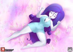 Size: 3850x2750 | Tagged: safe, artist:minusclass, derpibooru import, rarity, human, equestria girls, barefoot, big breasts, breasts, cleavage, clothes, dress, eyes closed, feet, high res, long hair, pillow, raritits, sexy, sleeping, solo