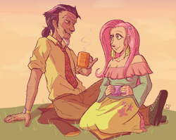 Size: 800x637 | Tagged: safe, artist:tashidelashi, derpibooru import, discord, fluttershy, human, age difference, clothes, dilf, discoshy, dress, female, grass, humanized, male, mug, necktie, shipping, straight, suit, watch, wristwatch