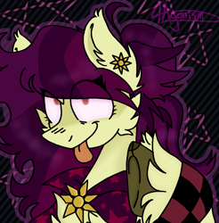 Size: 1168x1187 | Tagged: safe, derpibooru import, oc, oc:sweet buttercream, earth pony, pony, abstract background, bags under eyes, bracelet, cape, checkers, chest fluff, clothes, ear fluff, ear piercing, earring, ears, earth pony oc, eye clipping through hair, frog (hoof), hair bun, jewelry, looking at you, multicolored hair, piercing, raised eyebrow, raised hoof, raised leg, smiling, smirk, sun, tongue, tongue out, underhoof, unshorn fetlocks, watermark