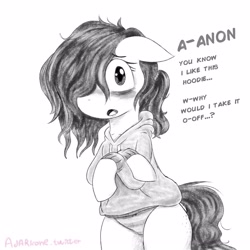 Size: 3000x3000 | Tagged: safe, artist:adarkone, derpibooru import, oc, oc:floor bored, bipedal, blushing, clothes, crossed hooves, cute, dialogue, grayscale, hind legs, hoodie, implied anon, legs together, messy mane, monochrome, panties, simple background, underwear, white background