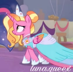 Size: 441x436 | Tagged: safe, derpibooru import, edit, edited screencap, screencap, luster dawn, princess twilight 2.0, twilight sparkle, twilight sparkle (alicorn), alicorn, pony, the last problem, alicornified, clothes, coronation dress, dress, female, lustercorn, mare, older, older twilight, race swap, solo focus