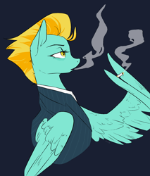 Size: 1700x2000 | Tagged: source needed, safe, artist:rice, derpibooru import, lightning dust, pegasus, pony, bags under eyes, blowing smoke, cigarette, clothes, colored, female, flat colors, holding, image, imported from twibooru, lidded eyes, looking up, mare, partially open wings, pinstripes, png, shirt, signature, smoke, smoking, solo, suit, wing hands, wing hold, wings