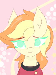 Size: 998x1332 | Tagged: safe, artist:sodapop sprays, derpibooru import, oc, oc:sodapop sprays, pegasus, pony, female, looking at you, mare, pastel, simple background, smiling, smiling at you, solo, star trek, tos