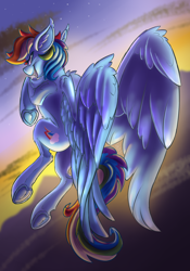 Size: 2100x3000 | Tagged: safe, artist:starcasteclipse, derpibooru import, rainbow dash, pegasus, pony, backwards cutie mark, chest fluff, flying, grin, large wings, looking at you, looking back, looking back at you, smiling, solo, underhoof, wings