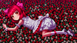 Size: 2048x1152 | Tagged: safe, derpibooru import, generator:stable diffusion, machine learning generated, apple bloom, human, bloomers, blushing, clothes, flower field, humanized, lying down, sandals, smiling, socks, solo, white dress