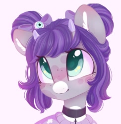 Size: 1009x1035 | Tagged: safe, artist:melodylibris, derpibooru import, oc, oc only, pony, bow, choker, clothes, cross, freckles, hair bow, horns, looking up, simple background, solo, sweater