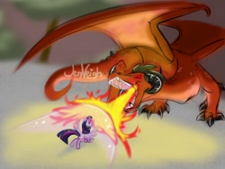 Size: 2000x1500 | Tagged: safe, artist:jen-neigh, derpibooru import, twilight sparkle, twilight sparkle (alicorn), alicorn, dragon, pony, fire, fire breath, force field, magic, sketch