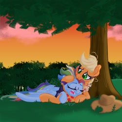 Size: 1000x1000 | Tagged: safe, artist:jen-neigh, derpibooru import, applejack, rainbow dash, earth pony, pony, unicorn, appledash, cuddling, female, lesbian, shipping, sleeping, smiling, snoring, tree, under the tree