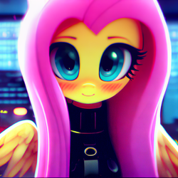 Size: 1024x1024 | Tagged: safe, derpibooru import, generator:stable diffusion, machine learning generated, fluttershy, pony, blushing, bust, female, looking at you, portrait, smiling, smiling at you, solo