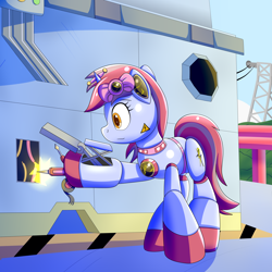 Size: 5000x5000 | Tagged: safe, artist:trackheadtherobopony, derpibooru import, oc, oc:cinnamon lightning, pony, robot, robot pony, absurd resolution, bow, cables, hair bow, roboticization, screwdriver, soldering iron, solo, tape