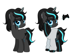 Size: 7279x5497 | Tagged: safe, artist:idkhesoff, derpibooru import, oc, oc only, oc:ponystation, pony, unicorn, bedroom eyes, clothes, coat markings, console ponies, ear piercing, earring, eyebrow piercing, female, freckles, jewelry, mare, nose piercing, nose ring, piercing, playstation 4, ponified, simple background, socks, solo, stockings, sweater, tattoo, thigh highs, transparent background