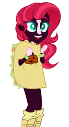 Size: 2013x3672 | Tagged: safe, artist:drawingsprint, artist:vi45, artist:vizirka, derpibooru import, oc, oc:painted lilly, equestria girls, base used, boots, clothes, coat markings, commission, costume, equestria girls-ified, food, halloween, halloween costume, nonbinary, open mouth, outfit, pumpkin, shoes, simple background, socks, solo, taco, white background, wristband, ych result