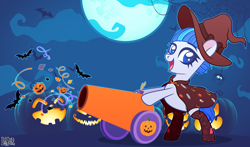 Size: 2828x1668 | Tagged: safe, artist:angelina-pax, artist:dianamur, derpibooru import, oc, oc only, oc:saph quills, bat, earth pony, pony, base used, bipedal, cannon, cape, clothes, commission, costume, cute, female, halloween, halloween costume, hat, holiday, jack-o-lantern, mare, moon, open mouth, party cannon, pumpkin, socks, solo, stockings, thigh highs, witch, witch hat, ych result