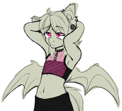 Size: 2200x2000 | Tagged: safe, artist:etoz, derpibooru import, oc, oc only, oc:gravel shine, anthro, bat pony, anthro oc, armpits, bat pony oc, bat wings, belly button, cigarette, clothes, collar, ear piercing, emo, eyebrows, eyebrows visible through hair, male, piercing, simple background, sketch, stallion, top, white background, wings